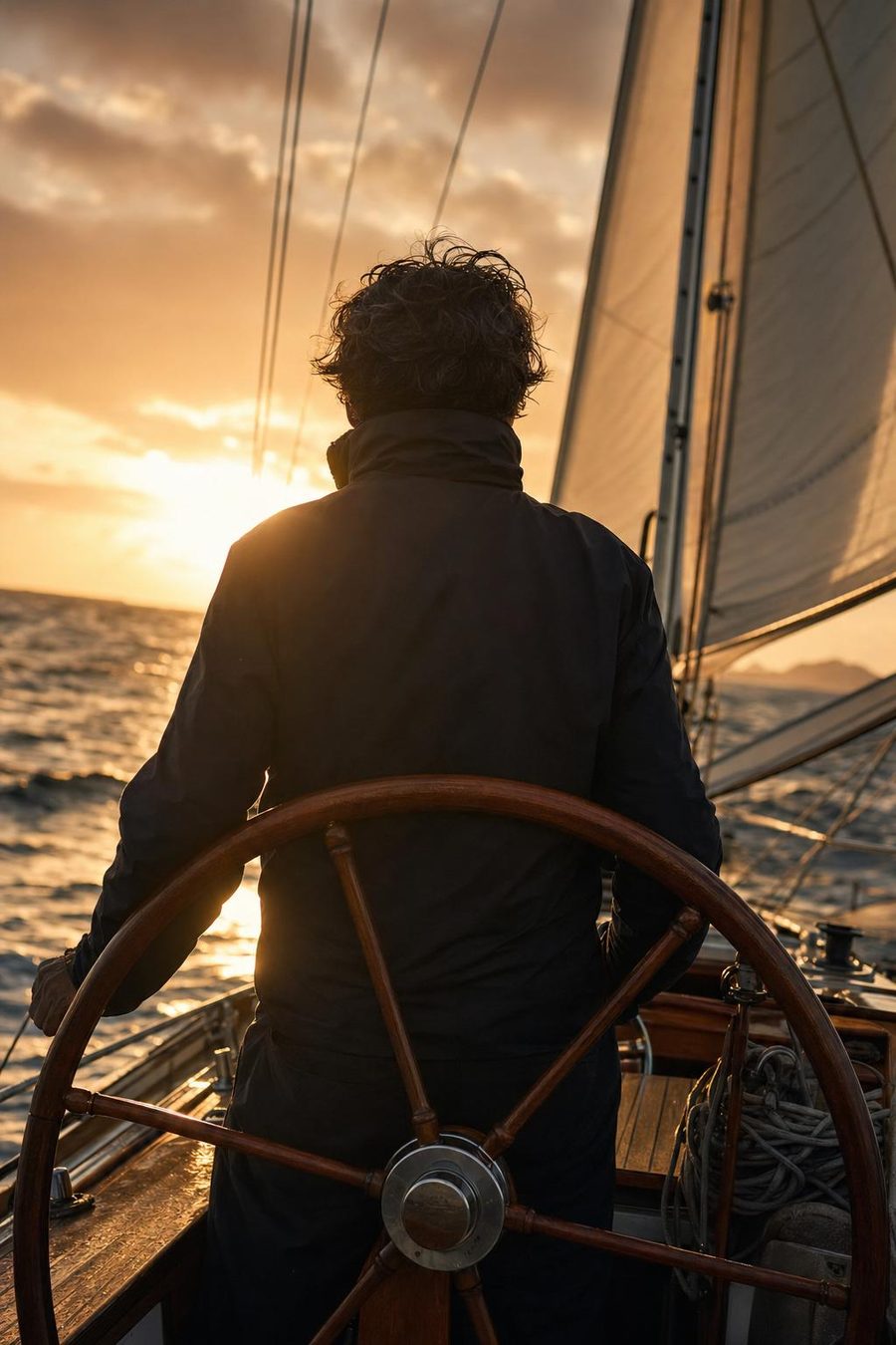 A sailor at the helm at golden hour